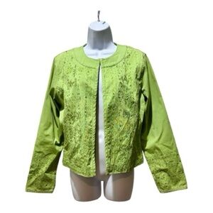 Chico’s Lime Green Embroidered Cropped Jacket Sequin Floral Textured M